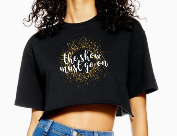 6F926F99-24F3-4D6B-85DC-5FE7BB6528DE The Show Must Go On Glitter crop tee by Stage Dancewear